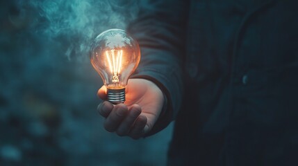 Canvas Print - Glowing Light Bulb in Hand Against Smoky Background