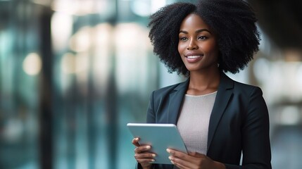 Poster - Professional Woman with Tablet in Modern Office Setting