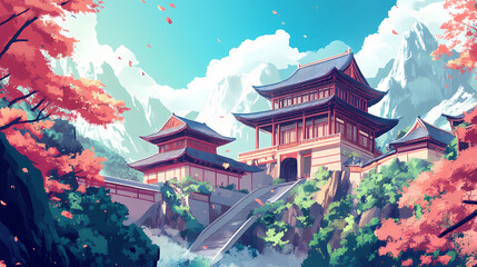 Wall Mural - Anime style background chinese asia japan china architecture, ai. anime. illustrations. Anime Style. Illustration