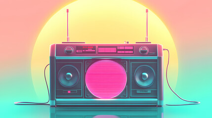 Wall Mural - antilo radio illustration, and retro colors on pastel green pink neon light background, copy space. 