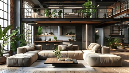 Wall Mural - Stylish Modern Industrial Living Room Featuring Open Loft Space, Cozy Sofa, Abundant Indoor Plants, and Bright Natural Light