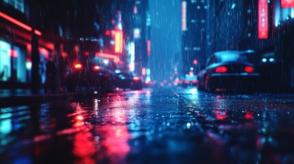 Poster - A city street with cars and a person walking in the rain