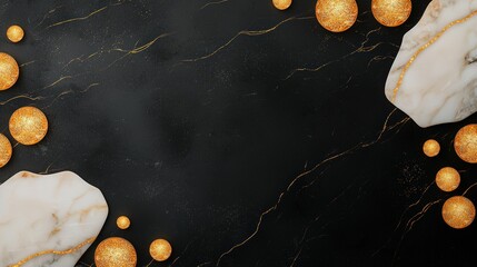 Black Marble Background with Gold Glitter Ornaments and White Stone