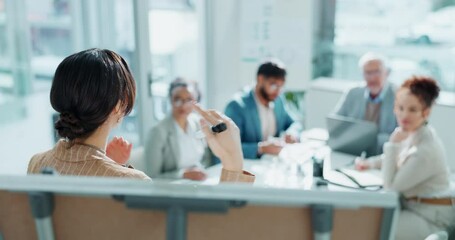 Canvas Print - Business woman, whiteboard and team with applause for meeting, well done or good job at office. Female person or speaker talking to group of employees clapping for success or speech at workplace