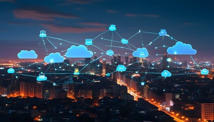 Wall Mural - Nighttime Digital Cloud Networking Across Cities for Enhanced Data Transfer and Global Connectivity Through Virtualization Strategies