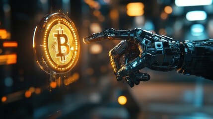Poster - Futuristic Robot Interacting with Bitcoin Symbol