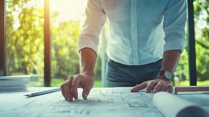 Poster - Architect Reviewing Blueprints in Natural Light