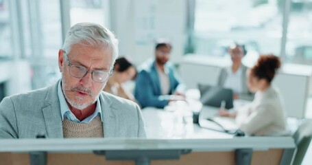 Poster - Mature businessman, whiteboard and coaching with team for presentation, meeting or brainstorming at office. Man, CEO or executive talking to group of employees for staff training, ideas or proposal