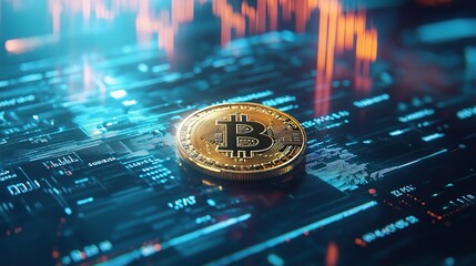 Poster - Bitcoin Coin on Digital Background with Charts and Data