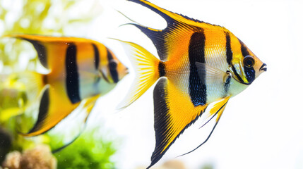 Close-up of two vibrant striped angelfish swimming in a clear aquarium with lush green plants in the background, creating a lively and colorful underwater scene.