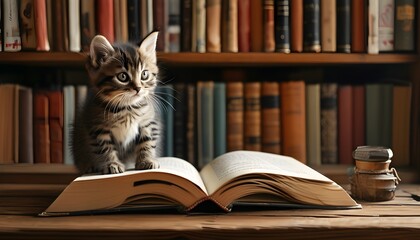 Wall Mural - Curious kitten exploring open book on wooden table in cozy home library, embodying the joy of reading and the charm of feline curiosity