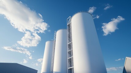 Three large white tanks are in the sky, with a blue sky in the background