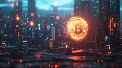 Sticker - Futuristic Cityscape with Bitcoin Symbol