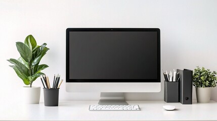 Poster - Minimalist Workspace with Computer and Green Plants