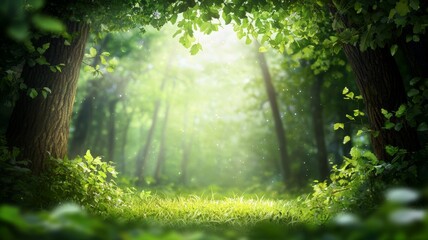 Poster - A forest with a large tree in the middle and a lot of green leaves