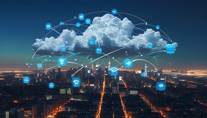 Wall Mural - Global Digital Cloud Network Connecting Cities with Virtualization and Nighttime Data Transfer