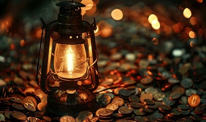 Lamp on coins with bokeh background.