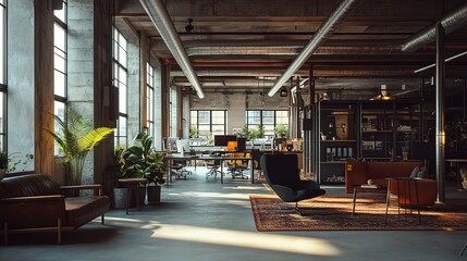 Canvas Print - Modern Industrial Workspace with Cozy Seating Area