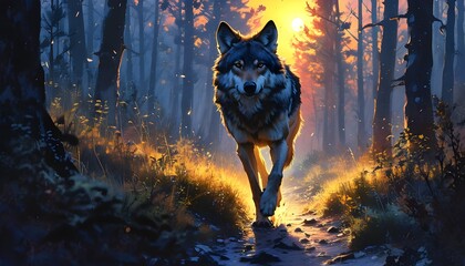 Wall Mural - Majestic wolf navigating a forest path at dusk, embodying the essence of untamed wilderness and raw power, ideal for nature themes and wildlife illustrations