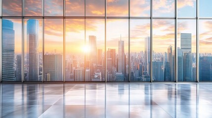 Poster - urban skyline at sunset from modern office window