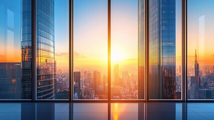 Poster - City Skyline at Sunset Through Large Windows