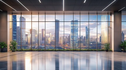 Poster - Modern Office View Over City Skyline at Sunset