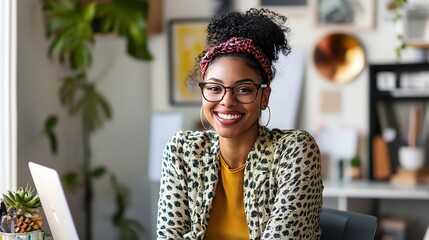 Poster - Happy Woman with Glasses in a Modern Workspace