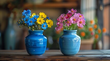 Poster - Two blue ceramic vases with pink and yellow flowers on a wooden table.