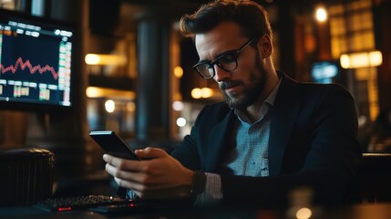 Wall Mural - Professional Man Using Smartphone in Modern Office Setting