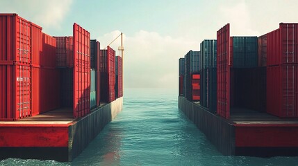 Wall Mural - Shipping Containers on Calm Water at Sunset