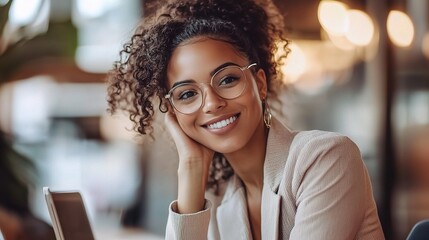 Wall Mural - Smiling Woman with Glasses in Modern Cafe Setting