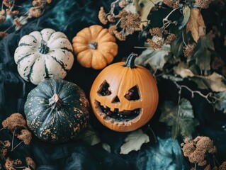 Canvas Print - Halloween themed flat lay featuring decorations and pumpkins