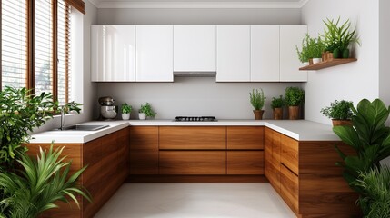 Wall Mural - Modern Kitchen Design with White Cabinets  Wood Countertops and Green Plants