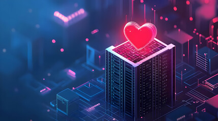 Wall Mural - Isometric View of Data Center with Glowing Heart