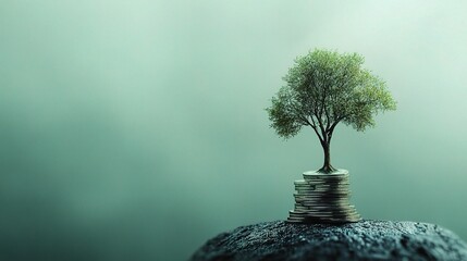 Tree Growing from Stacked Coins on Rock Surface