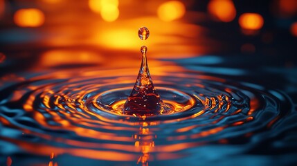 Wall Mural - A single water drop creates ripples and a splash in a pool of water, illuminated by warm, orange lights.