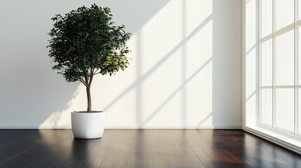 Wall Mural - A potted plant in a modern, minimalist room with a large window.