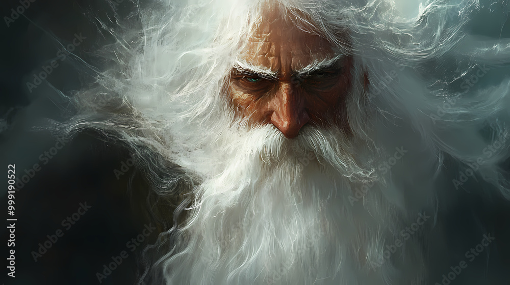 Portrait painting of an old man god wizard with long white hair and a ...