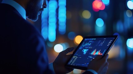 Poster - Businessman Analyzing Data on Tablet at Night