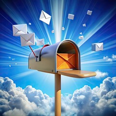 A silver mailbox with a wooden post stands against a blue sky with clouds, with white letters flying around and towards it