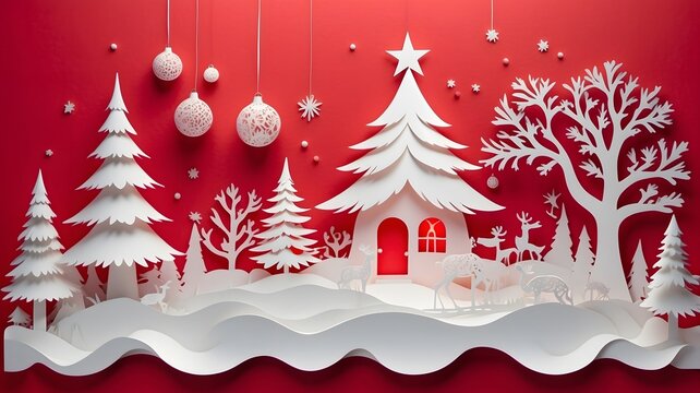 white papercut winter and christmas scene on the red background