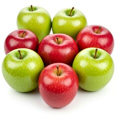 A group of fresh red and green apples, arranged in a simple and symmetrical manner. The apples look crisp with some leaves and stems. The pure white background enhances the vibrancy of the colors