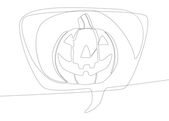 Poster - One continuous line of speech bubble with Halloween pumpkin. Thin Line Jack O' Lantern Illustration vector concept. Contour Drawing Creative ideas.