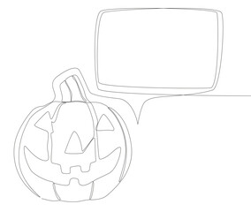 Poster - One continuous line of speech bubble with Halloween pumpkin. Thin Line Jack O' Lantern Illustration vector concept. Contour Drawing Creative ideas.