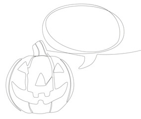 Wall Mural - One continuous line of speech bubble with Halloween pumpkin. Thin Line Jack O' Lantern Illustration vector concept. Contour Drawing Creative ideas.