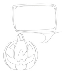 Poster - One continuous line of speech bubble with Halloween pumpkin. Thin Line Jack O' Lantern Illustration vector concept. Contour Drawing Creative ideas.