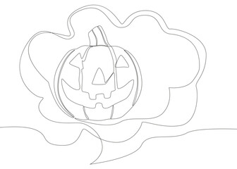 Poster - One continuous line of speech bubble with Halloween pumpkin. Thin Line Jack O' Lantern Illustration vector concept. Contour Drawing Creative ideas.