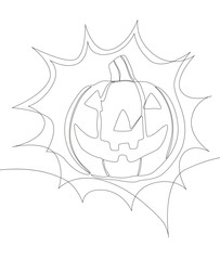 Poster - One continuous line of speech bubble with Halloween pumpkin. Thin Line Jack O' Lantern Illustration vector concept. Contour Drawing Creative ideas.