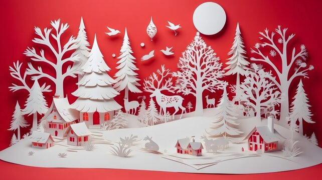 white papercut winter and christmas scene on the red background