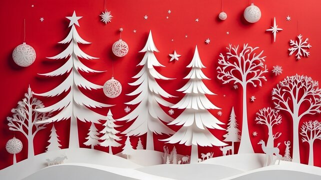 white papercut winter and christmas scene on the red background